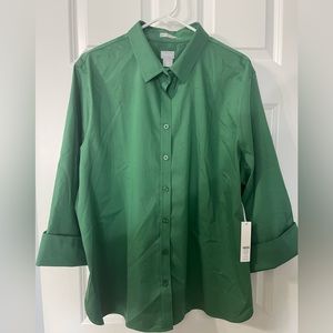 NEW Chico’s Green Women’s Button Down Top. No iron stretch solid 3/4 sleeve.